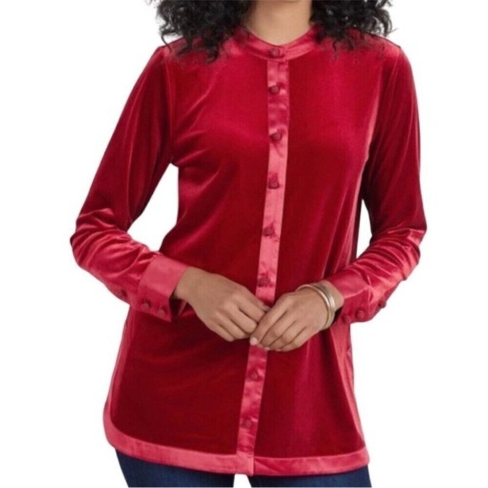 Soft Surroundings Esmarelda Velvet Blouse Top 1X Red Stretch Long Sleeve
